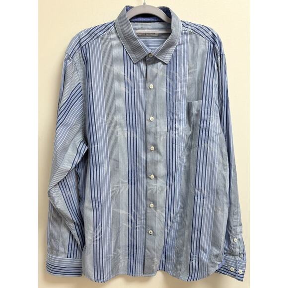 Tommy Bahama Men's Silk Blend Shirt L Blue Stripe Palm Leaf Print Button Front - Picture 1 of 7